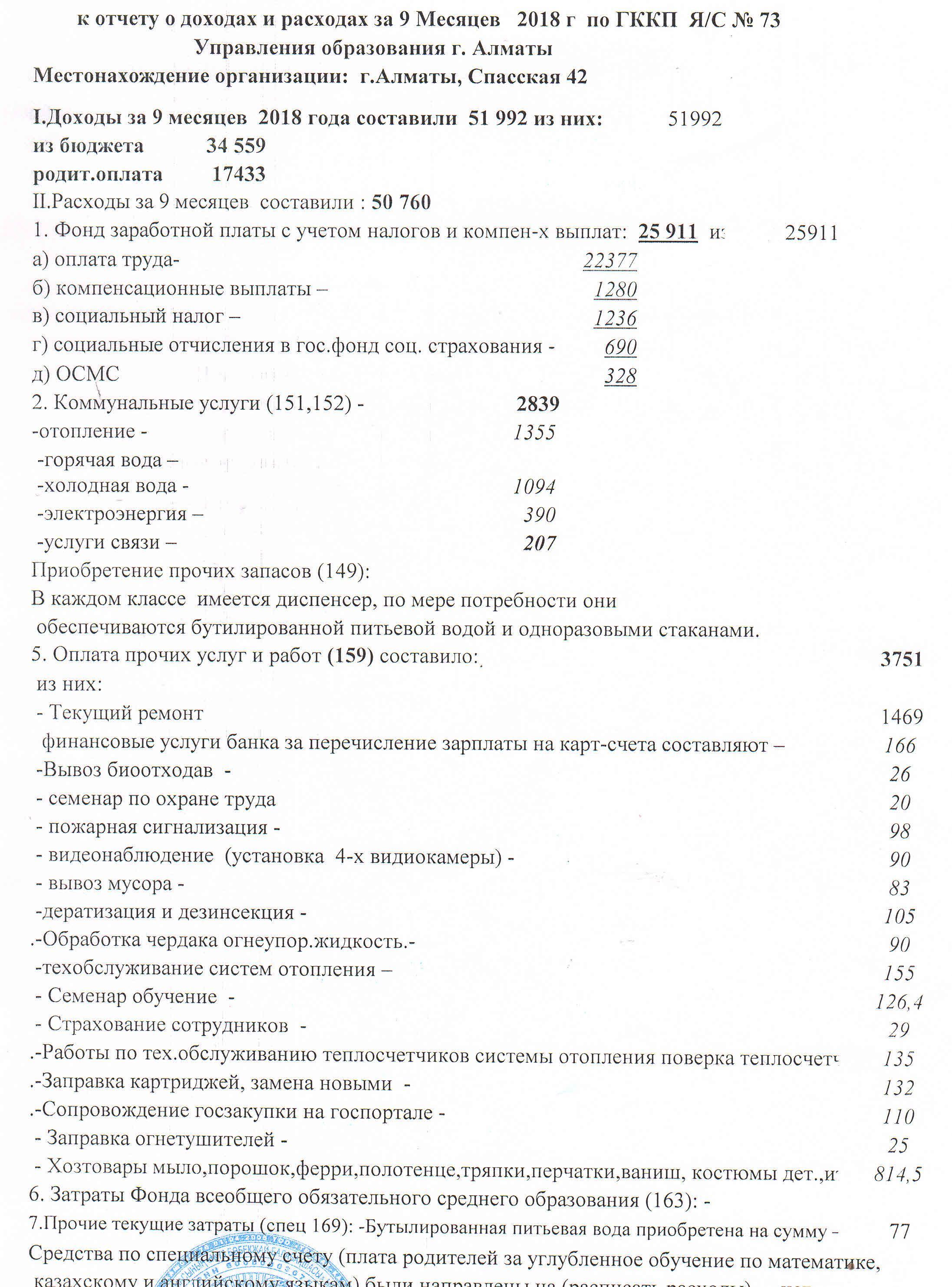 отчет о доходах и расхходах 2018 года ЗА 9 МЕСЯЦЕВ