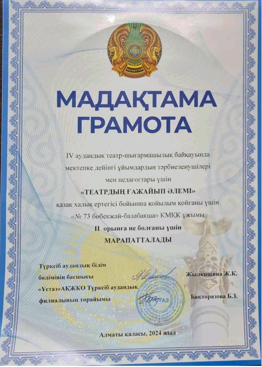 Аудан аралық "Театрдың ғажайып әлемі" шығармашылық байқауы. "Қаңбақ шал" халық ертегісі. Мектеп алды даярлық тобы тәрбиеленушілері мен педагогтары.